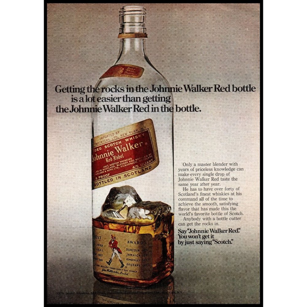 1975 Johnnie Walker Red Label Scotch Vintage Print Ad Rocks in the Bottle Art